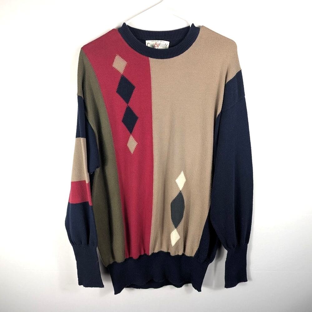 Vintage Clark & Gregory L Cotton Sweater Mens Argyle Scotland Knit Multicolor